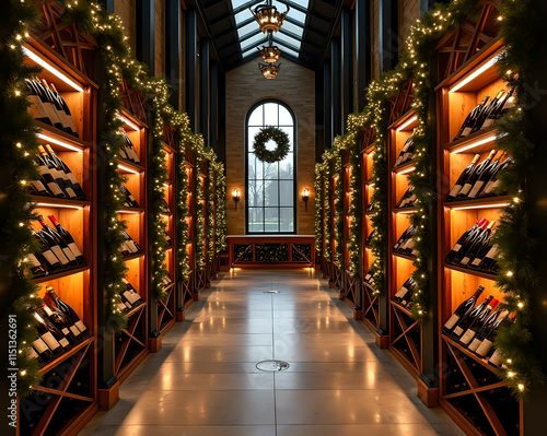 Modern wine room with high ceilings, holiday wreaths, and glowing garlands Generative AI