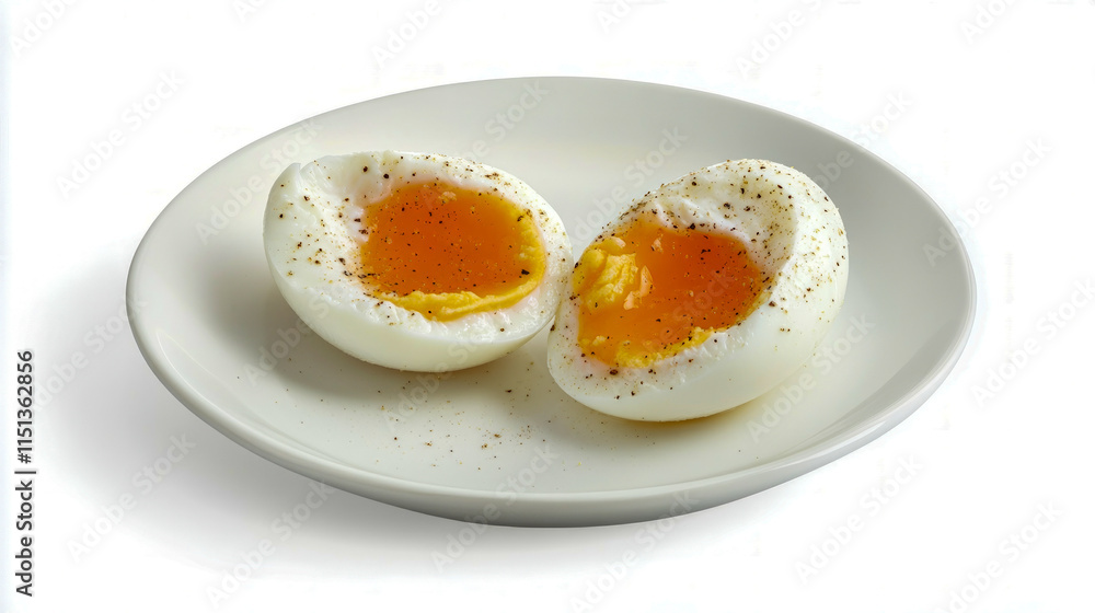 Halved soft-boiled eggs with salt and pepper on white plate Halved soft-boiled eggs with salt and pepper on white plate