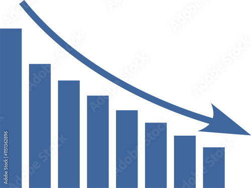 Blue and white graphic with a blue arrow pointing down. The graph consists of blue rectangles that overlap each other. Concept of decline and regression. transparent background