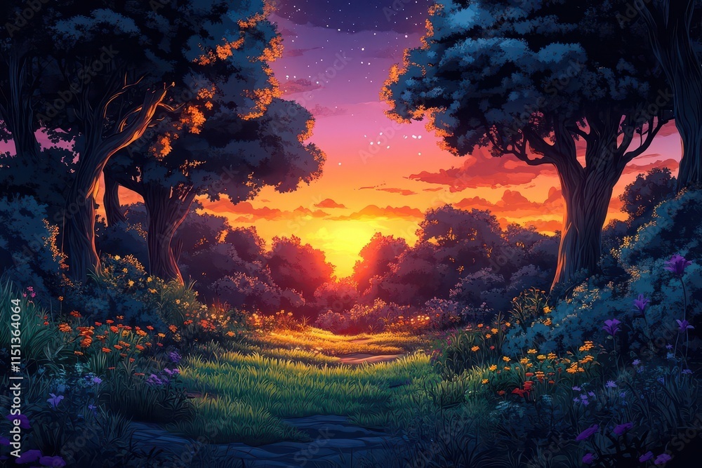 anime-style woodland forest background, created with vibrant colors and whimsical elements, perfect for an illustrated narrative or as a captivating backdrop for characters
