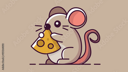 Illustration Image Of A Small Mouse Enjoying A Large Piece Of Cheese. This Image Depicts The Simplicity Of Happiness, In A Minimalist Vector Style.