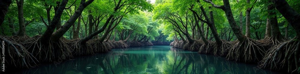 Mangrove forest with dense foliage and twisted tree trunks, texture, background, dark Mangrove forest with dense foliage and twisted tree trunks, texture, background, dark