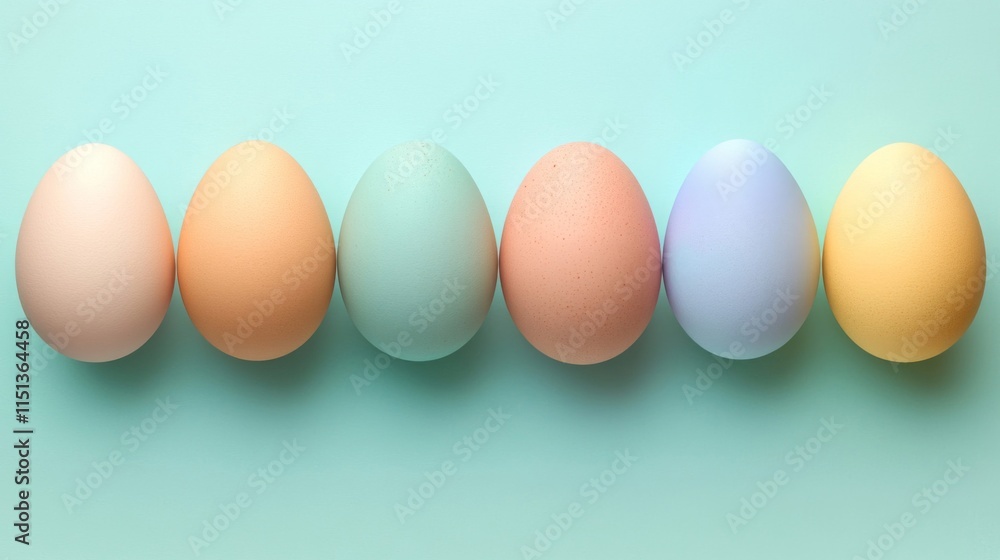 Pastel colored eggs arranged in a row on a light blue background Pastel colored eggs arranged in a row on a light blue background