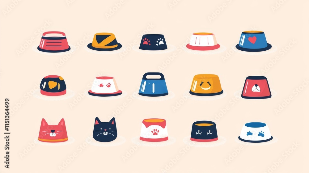 cartoon pet food collection, stylized feeding bowls, simplified packaging design, modern vector art, vibrant color combinations, clean line illustration, minimal geometric shapes, playful container