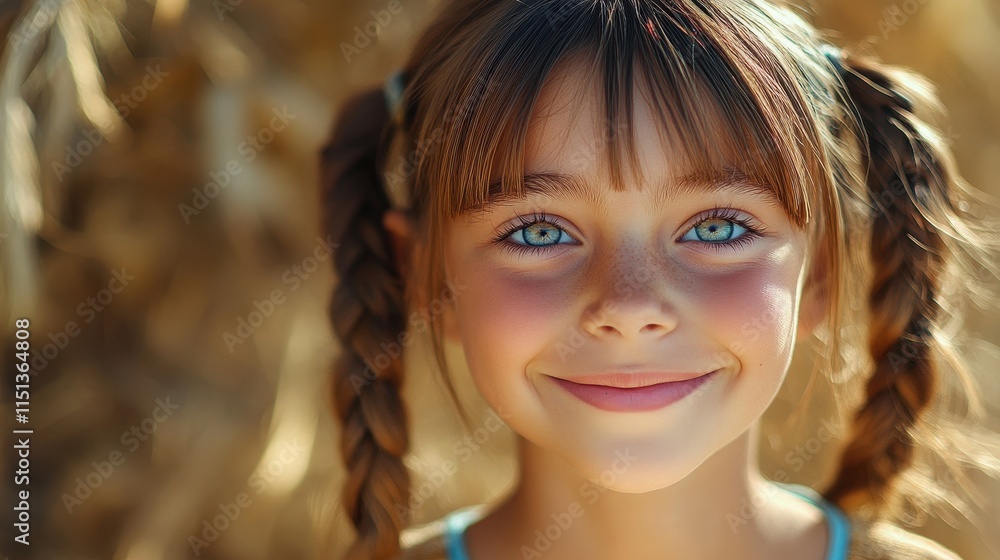 Obraz premium Young American girl with pigtails and a bright smile.