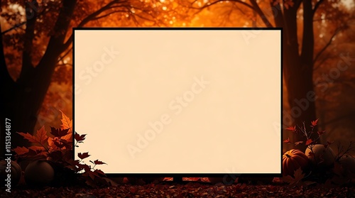 Blank screen mockup in autumnal forest setting with pumpkins and fall leaves, ideal for thanksgiving or fall advertisement photo