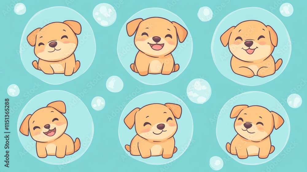 cute dog emoji set, light color palette circles, minimalist animal drawings, whimsical pet illustrations, gentle pencil strokes, expressive cartoon dogs, rounded shapes, doodle art style, cheerful cute dog emoji set, light color palette circles, minimalist animal drawings, whimsical pet illustrations, gentle pencil strokes, expressive cartoon dogs, rounded shapes, doodle art style, cheerful