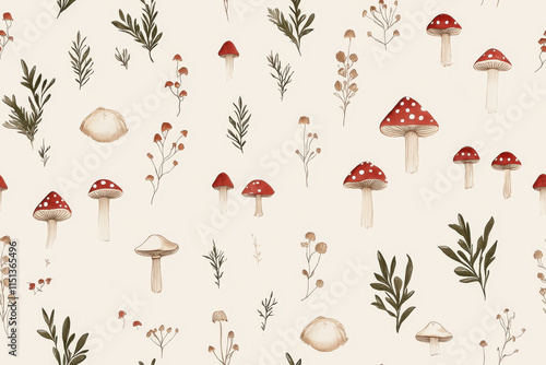 Enchanted Forest: A whimsical watercolor pattern featuring red mushrooms and delicate foliage, perfect for textile design and autumnal projects. 