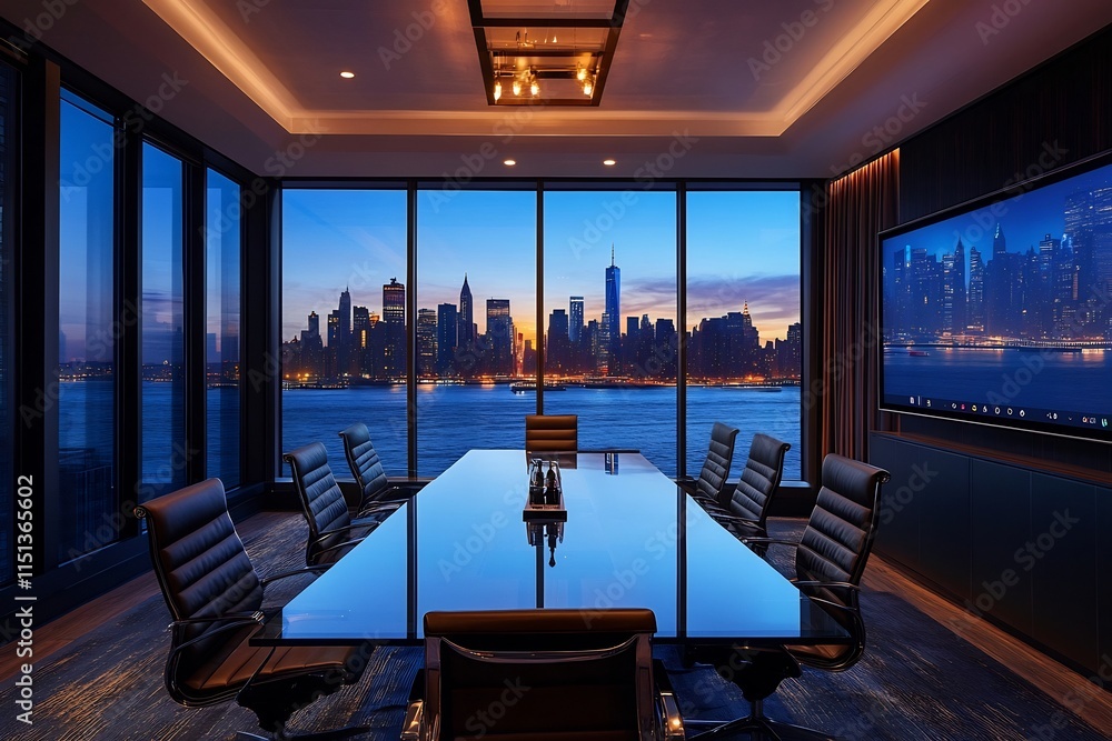 Sophisticated Corporate Boardroom with Panoramic City Skyline View Sophisticated Corporate Boardroom with Panoramic City Skyline View