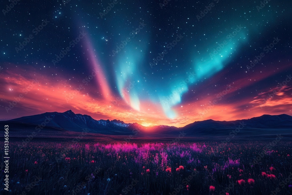 Obraz premium aurora borealis dances across a starry sky above majestic mountains, vibrant colors of green and purple illuminating the night, creating a breathtaking natural spectacle