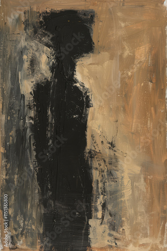 minimalist abstract oil painting featuring silhouette against textured background. artwork evokes sense of mystery and introspection, blending dark and earthy tones