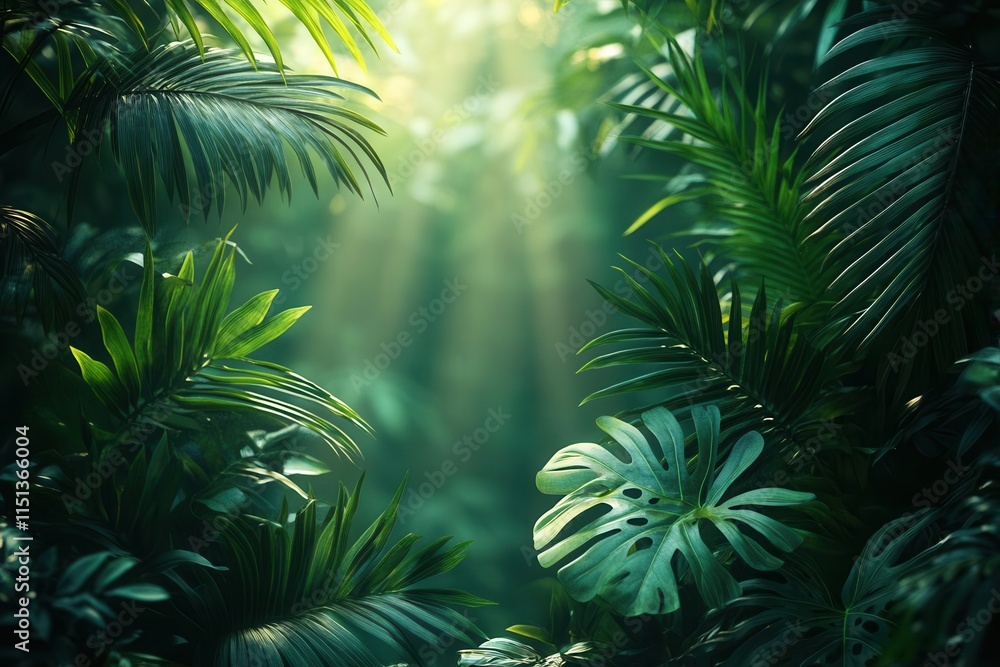 bali-inspired template features a green background adorned with tropical palm and banana leaves, illuminated by atmospheric sunlight rays, creating an exotic and inviting ambiance bali-inspired template features a green background adorned with tropical palm and banana leaves, illuminated by atmospheric sunlight rays, creating an exotic and inviting ambiance