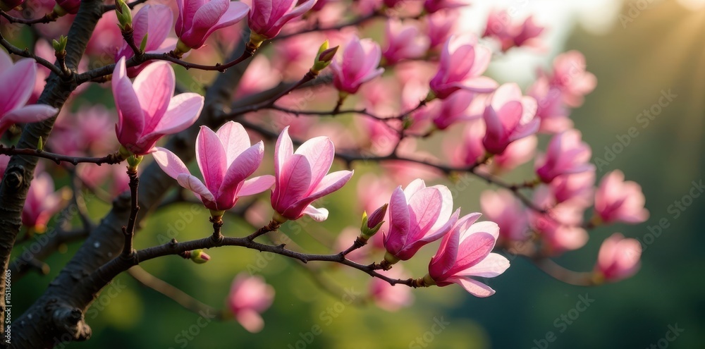 A show-stopping pink magnolia tree in full bloom with lush green foliage, tree bark, evergreen trees A show-stopping pink magnolia tree in full bloom with lush green foliage, tree bark, evergreen trees