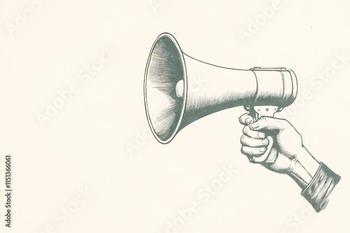 Hand holding megaphone drawing on simple background