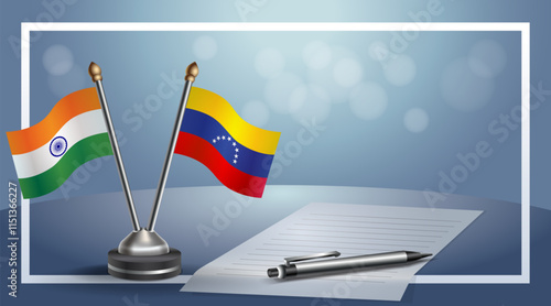 India and Venezuela National flags on small table with bokeh background, cooperative relationship