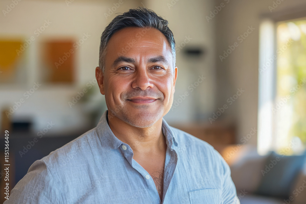 Obraz premium Mature hispanic male smiling in bright living room