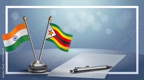 India and Zimbabwe National flags on small table with bokeh background, cooperative relationship