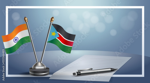 India and Republic of North Sudan National flags on small table with bokeh background, cooperative relationship