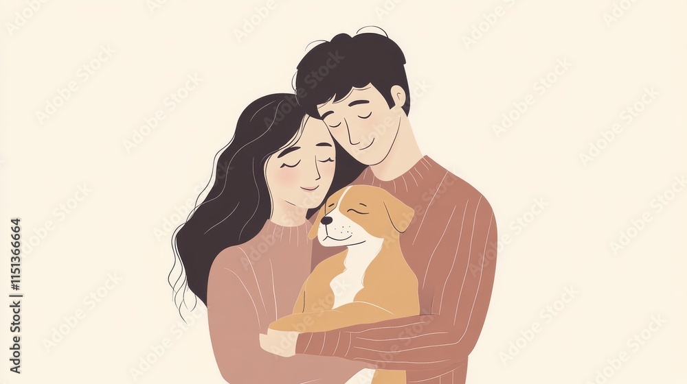 flat design pet adoption illustration, caring couple with brown dog, modern vector art style, pastel color palette, simple geometric shapes, gentle expressions, emotional bonding moment, minimal flat design pet adoption illustration, caring couple with brown dog, modern vector art style, pastel color palette, simple geometric shapes, gentle expressions, emotional bonding moment, minimal