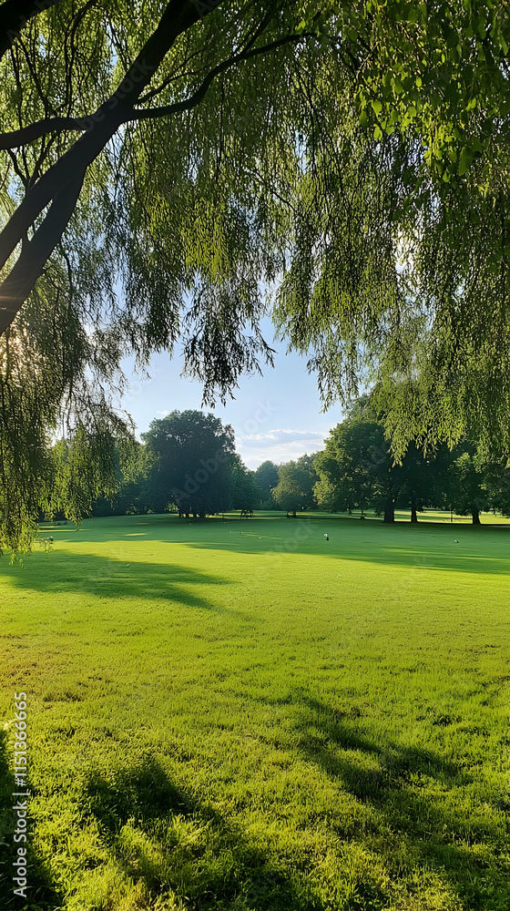 Obraz premium Serene Park Lawn Sunrise, Overhanging Trees, Peaceful Background, Relaxing Nature Scene.