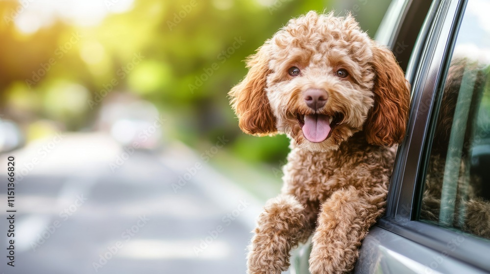 Fototapeta premium fluffy labradoodle hanging out car window, curly brown fur, playful expression, sunny day, modern silver car, joyful pet travel, shallow depth field, lifestyle photography, afternoon light, summer