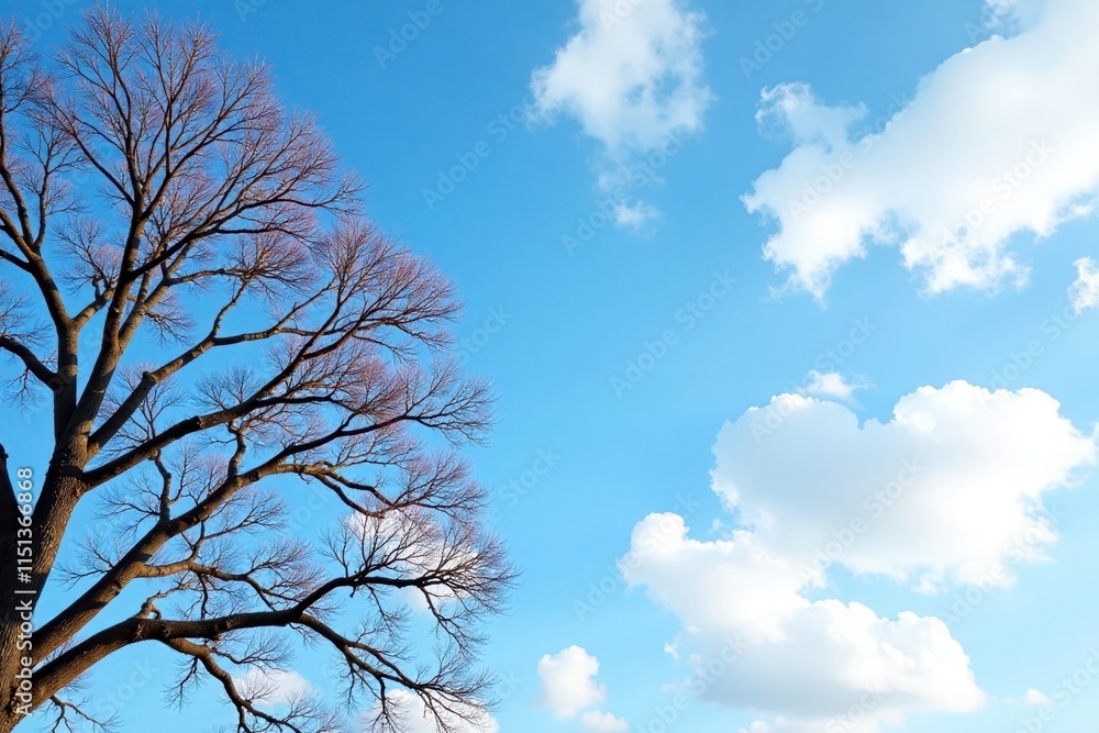 Bare winter tree branches against a clear blue sky with scattered clouds, cold weather, tree branches Bare winter tree branches against a clear blue sky with scattered clouds, cold weather, tree branches