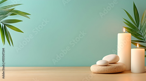 Spa candles stones serenity teal background wellness website banner.