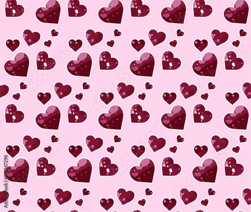 Seamless pattern of vibrant red hearts outlined by white scattered across a soft pink background. Bold, romantic yet playful aesthetic. Fabric print for clothing, accessories, or home textiles. 