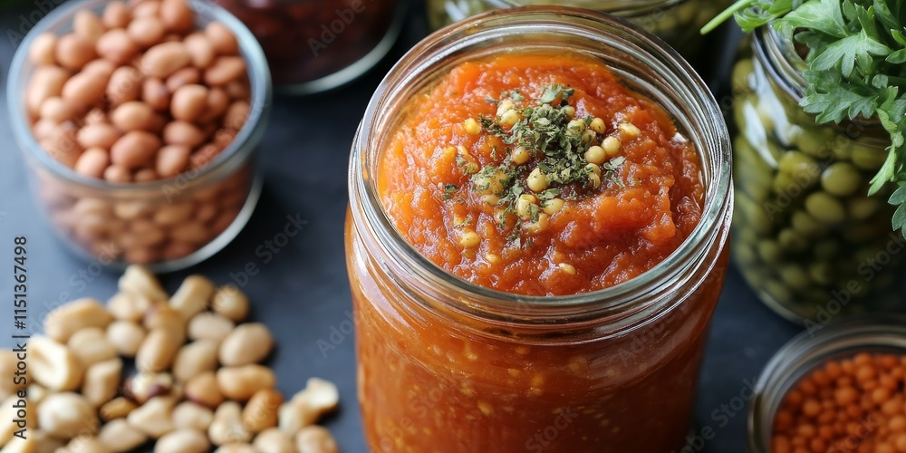 Homemade tomato sauce, along with pickled cucumbers in a jar, complements dried beans and walnuts at the bottom of the mason jar. Perfect for preserving flavors in homemade creations. Homemade tomato sauce, along with pickled cucumbers in a jar, complements dried beans and walnuts at the bottom of the mason jar. Perfect for preserving flavors in homemade creations.