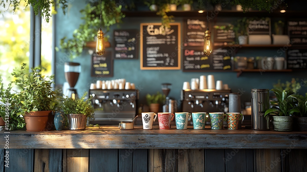 A quaint rustic cafe featuring a wooden counter with hand-painted signs, ceramic mugs in artistic patterns arranged neatly, soft natural light illuminating the counter, A quaint rustic cafe featuring a wooden counter with hand-painted signs, ceramic mugs in artistic patterns arranged neatly, soft natural light illuminating the counter,