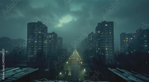 The vast dark sky with a row of dark, pitch black apartment buildings below. photo