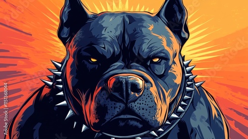 intimidating american bully head art, stylized vector illustration, spiked neckwear detail, aggressive pose, harsh shadows and highlights, contemporary urban design style photo