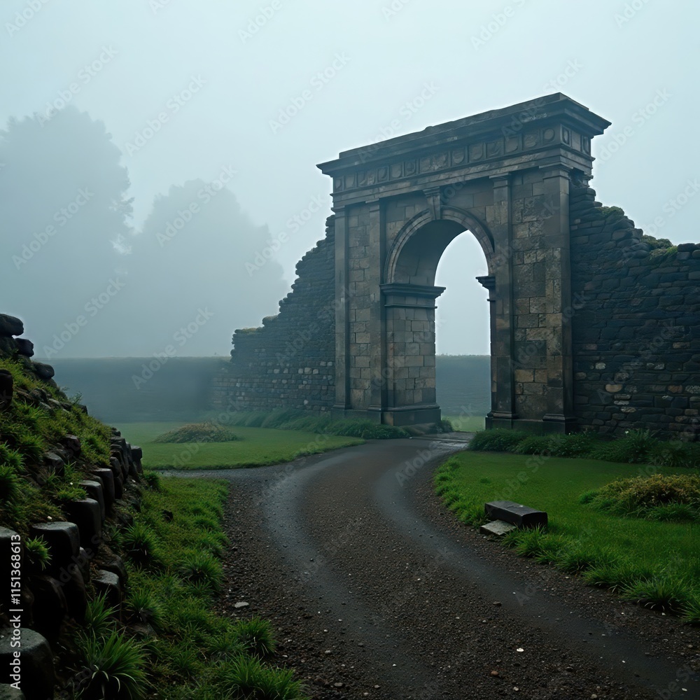 Fototapeta premium Dense fog envelops ancient, crumbling structure , misty, overgrown