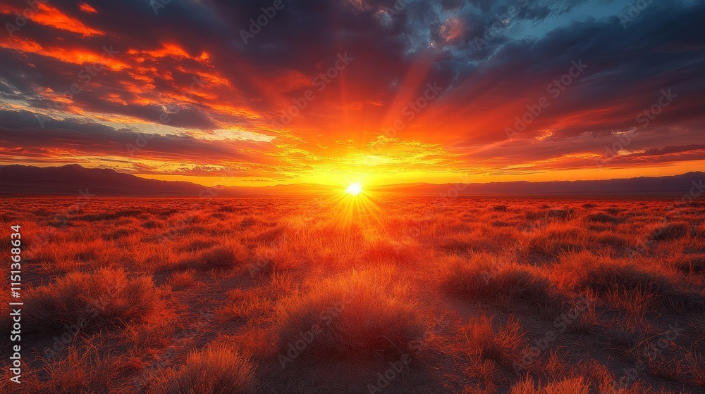 Fototapeta premium Fiery sunset over grassy plains, mountains.
