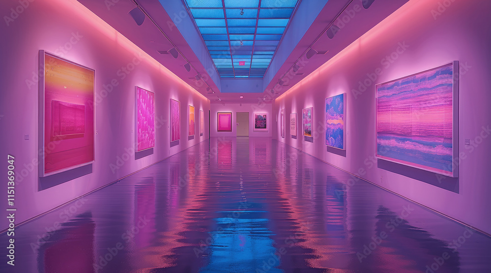 A vibrant art gallery spacious, featuring pop art and abstract art, illuminated with pink lighting. exudes a funky and glamorous atmosphere, blending retro vibes with modern flair. A vibrant art gallery spacious, featuring pop art and abstract art, illuminated with pink lighting. exudes a funky and glamorous atmosphere, blending retro vibes with modern flair.