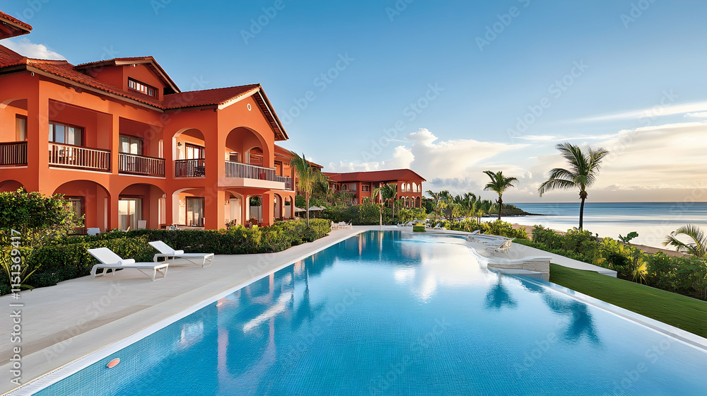 Fototapeta premium Tropical resort poolside villas, ocean view, Caribbean sunrise, luxury vacation.