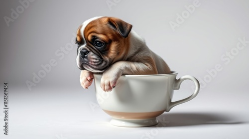 A tiny bulldog puppy is comfortably perched inside a cup, displaying a playful demeanor as it loosens up. Its endearing expression captivates any onlooker in this cozy environment