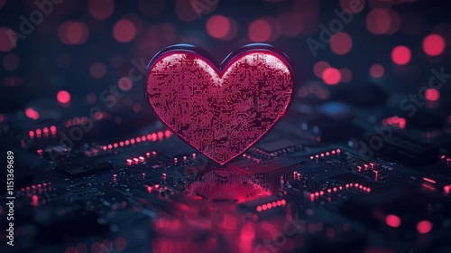 Futuristic Digital Heart on Circuit Board with Glowing Red Lights and Bokeh Background photo