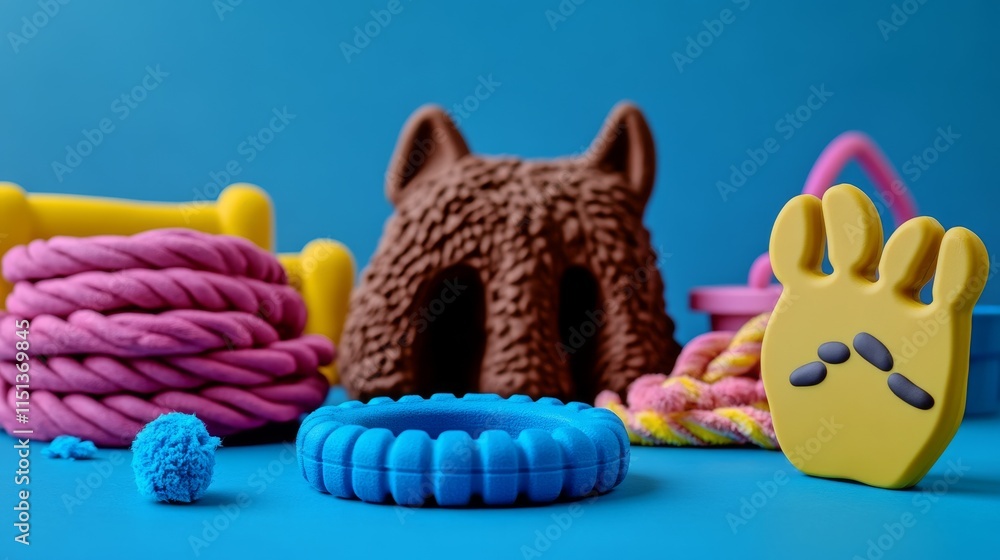 Fototapeta premium Modern pet supplies arrangement, blue rubber chew ring, yellow paw print icon, brown waste pile sculpture, pink and yellow rope toy, glossy finish, professional studio lighting, high contrast
