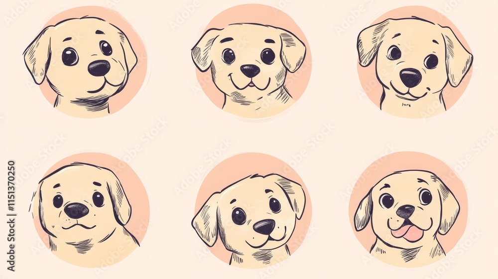 pet emotion stickers, circular design elements, soft colored backgrounds, minimal dog portraits, gentle sketch style, playful puppy expressions, delicate line art, simple character designs, rounded