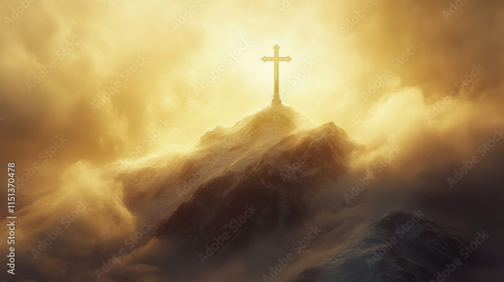 Golden Cross Atop A Misty Mountain Peak Golden Cross Atop A Misty Mountain Peak
