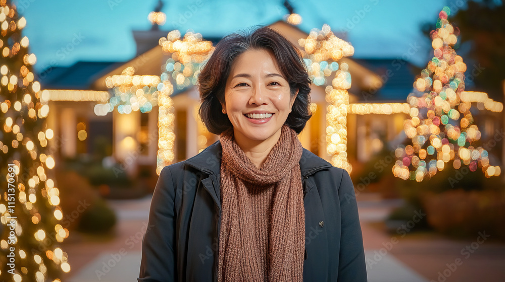 Obraz premium Smiling asian woman enjoying festive holiday lights display outdoors