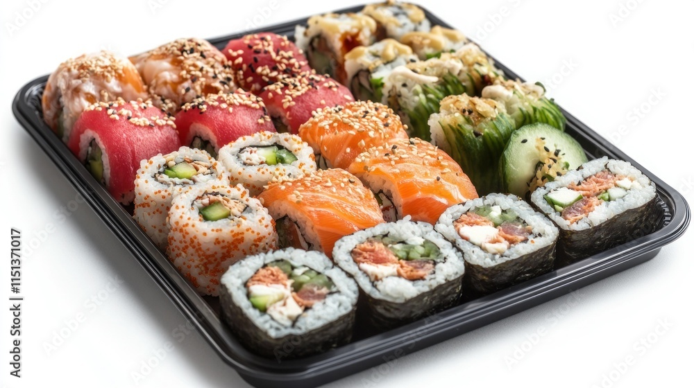 A tray of assorted sushi rolls A tray of assorted sushi rolls