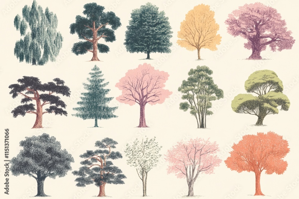 Fototapeta premium Diverse Tree Illustrations in Pastel Tones A Collection of Stylized Botanical Art