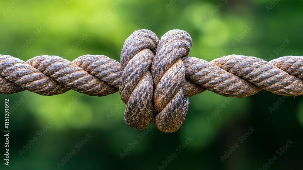 A close-up of a tightly knotted rope against a blurred green background. A close-up of a tightly knotted rope against a blurred green background.