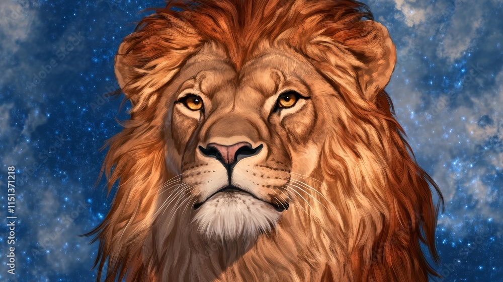 Fototapeta premium Majestic Lion Portrait Against Starry Sky Captivating Wildlife and Cosmic Harmony