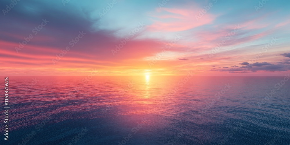 Obraz premium Breathtaking sunset over the ocean, illuminating the vast open sky with vibrant colors, creating a stunning visual display that captures the serene beauty of the ocean at dusk.
