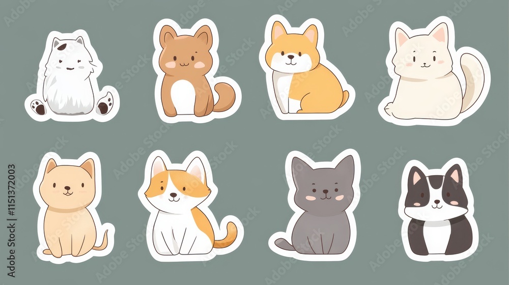 Fototapeta premium sweet pets companion series, modern sticker collection, pastel color theme, simple pattern elements, cute animal pairs artwork, minimalist vector style, gentle character design, clean white borders,