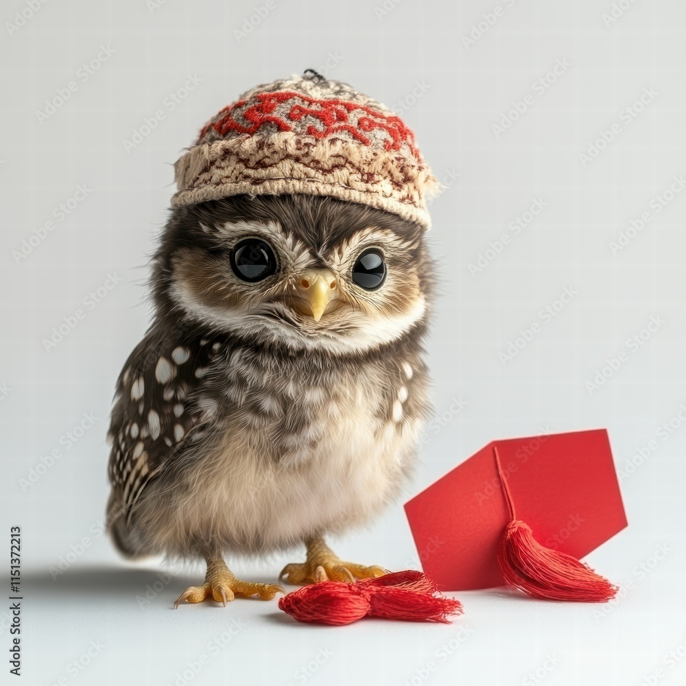 Obraz premium Joyful owl chick celebrates chinese new year with red envelopes indoor animal portrait playful atmosphere