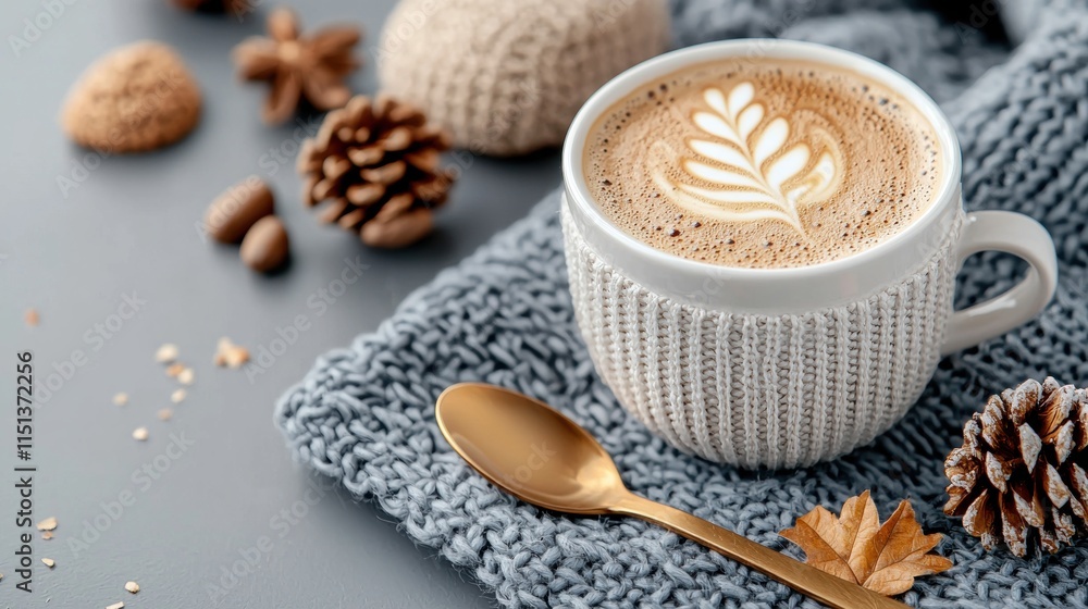 Cozy Autumn Coffee with Latte Art in Knitted Cup on Gray Background with Pine Cones and Spoon Cozy Autumn Coffee with Latte Art in Knitted Cup on Gray Background with Pine Cones and Spoon